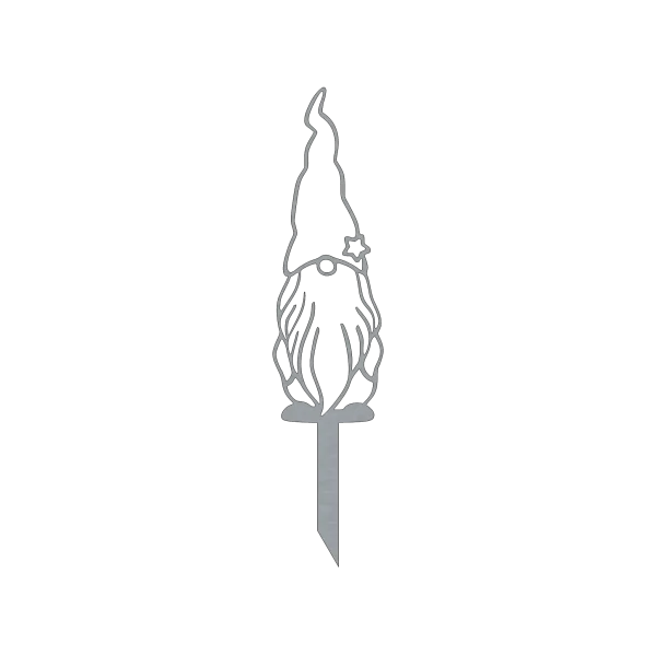 A laser-cut metallic garden stake depicting a gnome with a tall, pointed hat adorned with a star. The gnome features a long flowing beard and rounded nose, with the stake extending from the bottom. The design is displayed on a black background, highlighting its intricate cutout details.